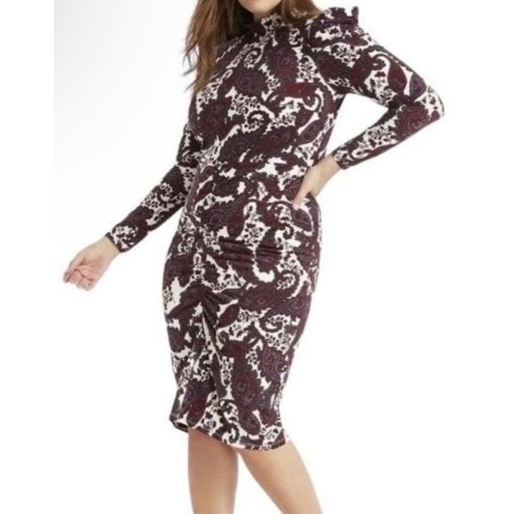Eloquii Sheath Dress Women 16‎ Burgundy Paisley NWT Ruched Ruffle Shoulder Midi
